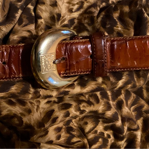 ANNE KLEIN LION 🦁 HEAD BROWN EMBOSSED ⚜️  LEATHER  BELT GOLD DEADSTOCK NWT 3X - Picture 1 of 16